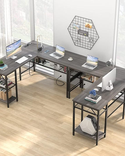 Unikito L Shaped Desk, Reversible Corner Computer Desks with Power Outlet and USB Charging Port, L- Shaped Office Desk with Storage Shelf and Under Bookshelf, Modern 2 Person Long Table, Enoch Walnut - LeafyLoom