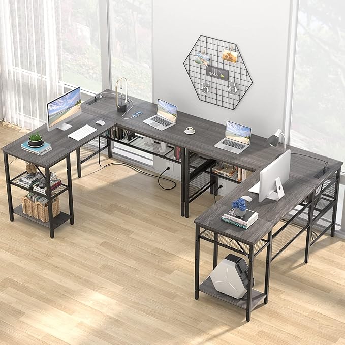 Unikito L Shaped Desk, Reversible Corner Computer Desks with Power Outlet and USB Charging Port, L- Shaped Office Desk with Storage Shelf and Under Bookshelf, Modern 2 Person Long Table, Enoch Walnut - LeafyLoom