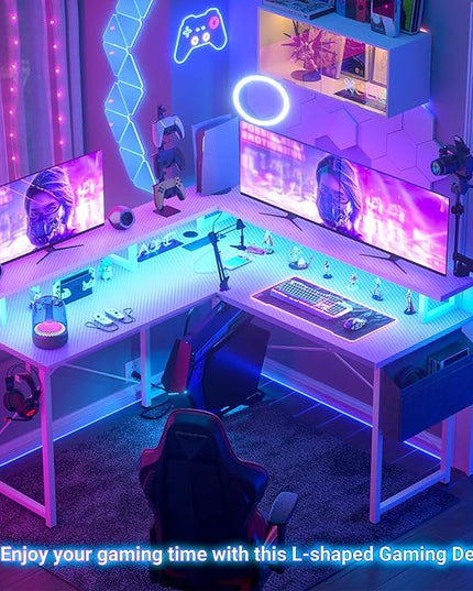 armocity L Shaped Computer Desk with Power Outlets, Gaming LED Lights, Corner Storage Shelves, Work Study for Bedroom, Home Office Small Spaces, 47'', Carbon Fiber Purple - LeafyLoom