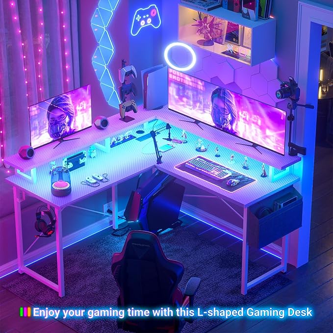 armocity L Shaped Computer Desk with Power Outlets, Gaming LED Lights, Corner Storage Shelves, Work Study for Bedroom, Home Office Small Spaces, 47'', Carbon Fiber Purple - LeafyLoom