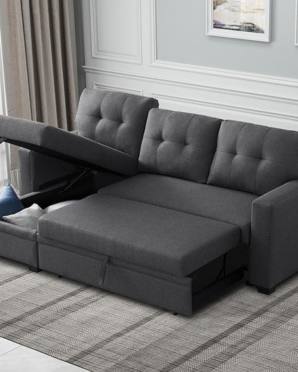 4-in-1 Convertible L Shaped Couch with Pull Out Bed and Storage Sectional Sleeper Sofa with Reversible Chaise for Living Room, Apartment, Bedroom, Office, Charcoal Grey - LeafyLoom