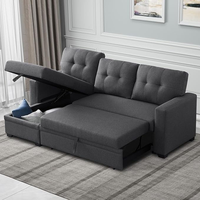 4-in-1 Convertible L Shaped Couch with Pull Out Bed and Storage Sectional Sleeper Sofa with Reversible Chaise for Living Room, Apartment, Bedroom, Office, Charcoal Grey - LeafyLoom