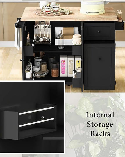 53.9" Drop Leaf, Rolling Island on Wheels w/Drawer and 3-Tier Pull Out Cabinet Organizer, Kitchen Storage Cart with Spice, Towel Rack, Black, 53.94 Inch - LeafyLoom