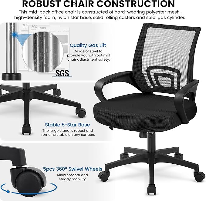 Yaheetech Office Chair Ergonomic Computer Chair Mid Back Adjustable Desk Chair with Lumbar Support Armrest, Swivel Rolling Mesh Task Gaming Chair for Home Office Work Study, Black - LeafyLoom