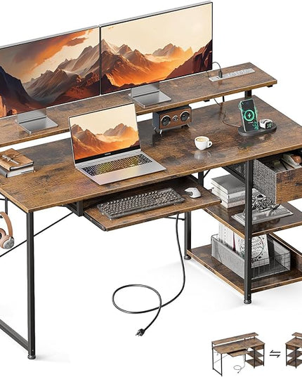 AODK Computer Desk with Keyboard Tray, 55 Inch Office Desk with Power Outlet, Work Desk with Drawer, Reversible Desk with Adjustable Monitor Shelf and Storage Shelf for Home, Rustic Brown - LeafyLoom