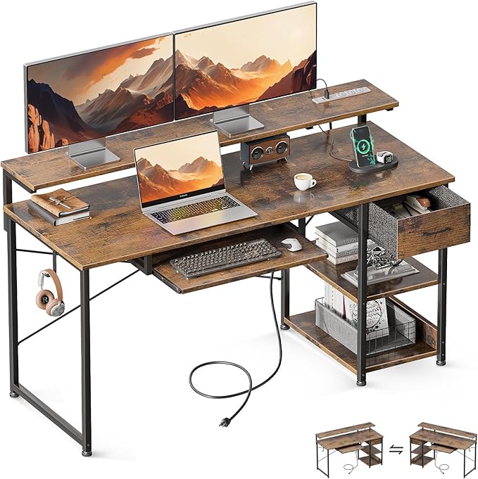 AODK Computer Desk with Keyboard Tray, 55 Inch Office Desk with Power Outlet, Work Desk with Drawer, Reversible Desk with Adjustable Monitor Shelf and Storage Shelf for Home, Rustic Brown - LeafyLoom