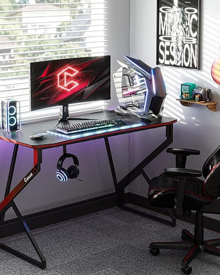 CubiCubi Simple Gaming Desk Z Shaped 40 inch Gamer Workstation, Home Computer Carbon Fiber Surface Gaming Desk PC Table with Headphone Hook - LeafyLoom