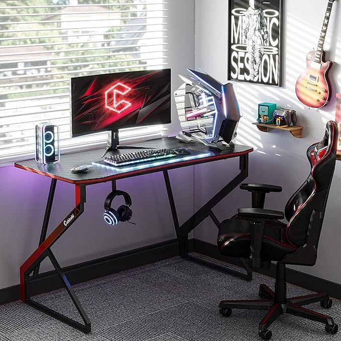 CubiCubi Simple Gaming Desk Z Shaped 40 inch Gamer Workstation, Home Computer Carbon Fiber Surface Gaming Desk PC Table with Headphone Hook - LeafyLoom
