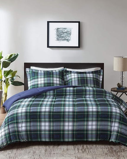 Madison Park Essentials Parkston Plaid Comforter, Matching Sham, 3M Scotchguard Stain Release Cover, Hypoallergenic All Season Bedding-Set, Twin/TwinXL, Navy, 2 Piece - LeafyLoom