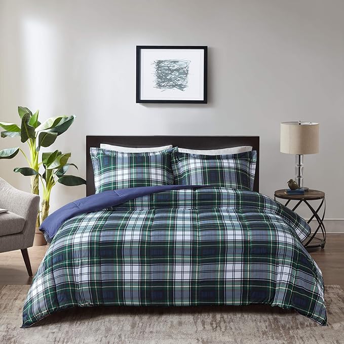 Madison Park Essentials Parkston Plaid Comforter, Matching Sham, 3M Scotchguard Stain Release Cover, Hypoallergenic All Season Bedding-Set, King/California King, Navy, 3 Piece - LeafyLoom