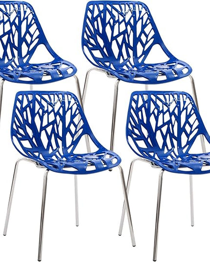 CangLong Modern Mid Century Plastic Shell Hollow Out Chair with Matal Legs for Living, Bedroom, Kitchen, Dining, Waiting Room,Set of 4, Blue - LeafyLoom