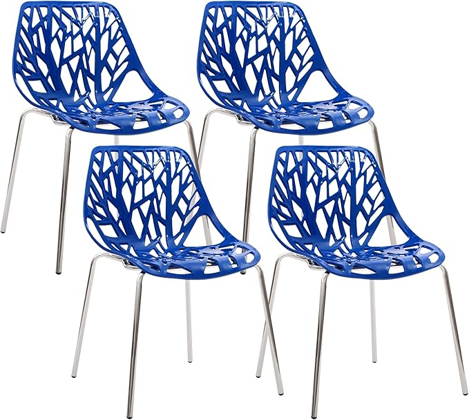 CangLong Modern Mid Century Plastic Shell Hollow Out Chair with Matal Legs for Living, Bedroom, Kitchen, Dining, Waiting Room,Set of 4, Blue - LeafyLoom