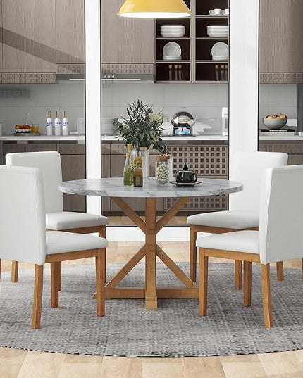 NicBex Small Dining Table Set for 4 Round Dining Table Set 5-Piece Dining Table Set, Marble Sticker and Cross Bracket Pedestal Dining Table, and 4 Upholstered Chairs, White+Walnut - LeafyLoom
