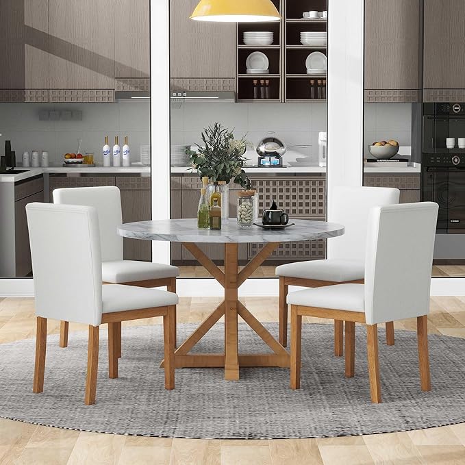 NicBex Small Dining Table Set for 4 Round Dining Table Set 5-Piece Dining Table Set, Marble Sticker and Cross Bracket Pedestal Dining Table, and 4 Upholstered Chairs, White+Walnut - LeafyLoom