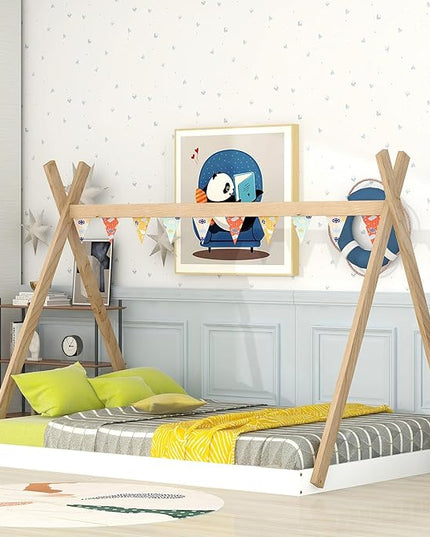 Full Size Teepee Bed for Kids,Tent Floor Bed Frame with Triangle Structure,Montessori Floor Bed for Girls Boys(Full,White) - LeafyLoom