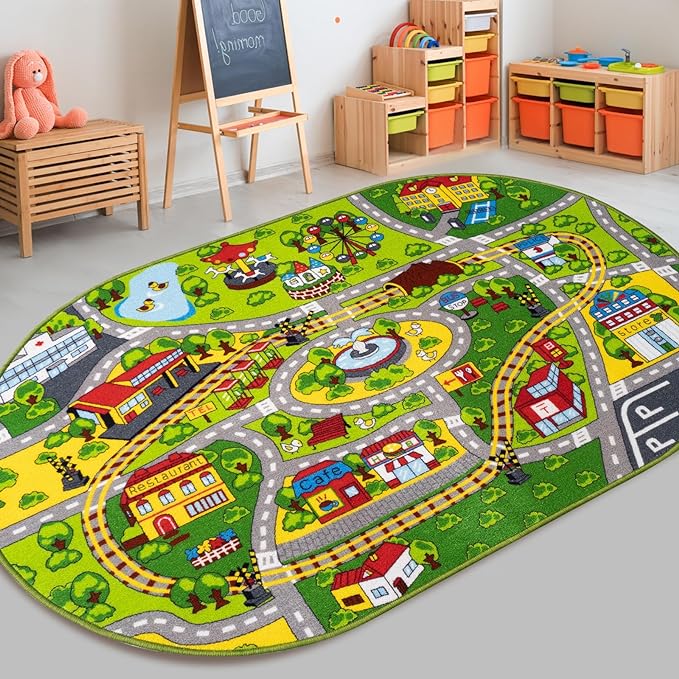 Booooom Jackson Car Rug-Train Rug-Road Rug-Kids Rugs for Playroom-Oval Rug-Car Area Rug-Kid Car Rug Play Mat-Car Mat for Kids Toy Cars-Race Car Track Rug-Car Play Rug for Kids Room-Car Carpet for Kids - LeafyLoom