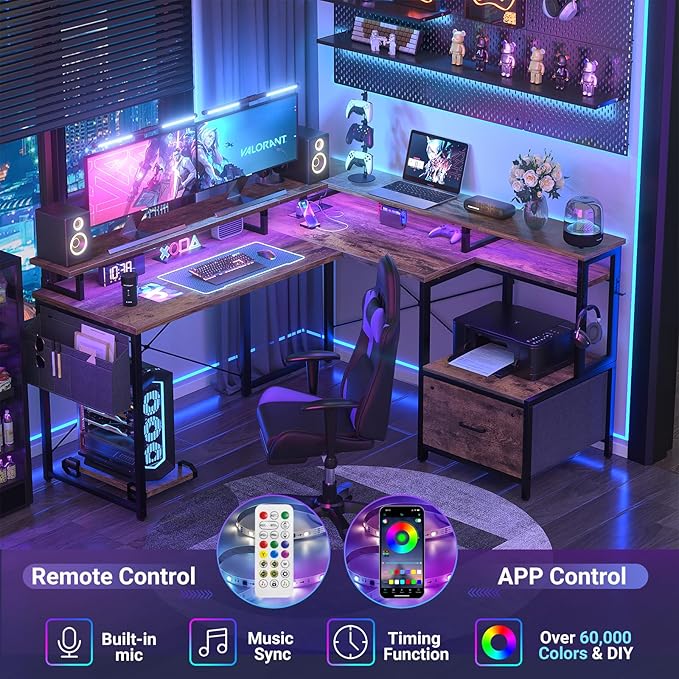 Unikito L Shaped Desk with File Drawer, Reversible L Shaped Computer Desk with Power Outlet & LED Lights, Home Office Desk Corner Desk with Monitor Shelf & Printer Cabinet, Gaming Desk, Rustic Brown - LeafyLoom