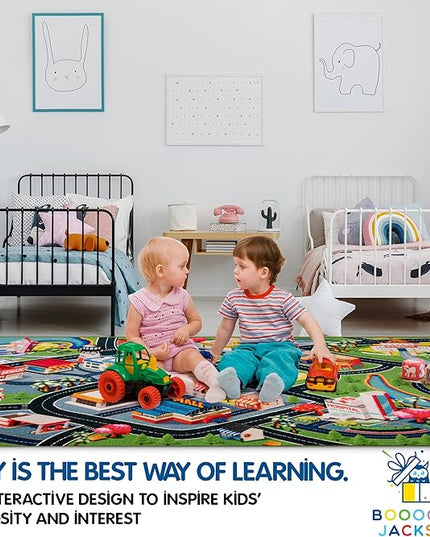 Booooom Jackson Kids Car Rug Playmat 31"X59" Car Mat for Kids Toy Cars Kids Rug with Roads for Playroom CarCarpet for Kids Race Car Play Rug for Toy Cars Play Carpet - LeafyLoom