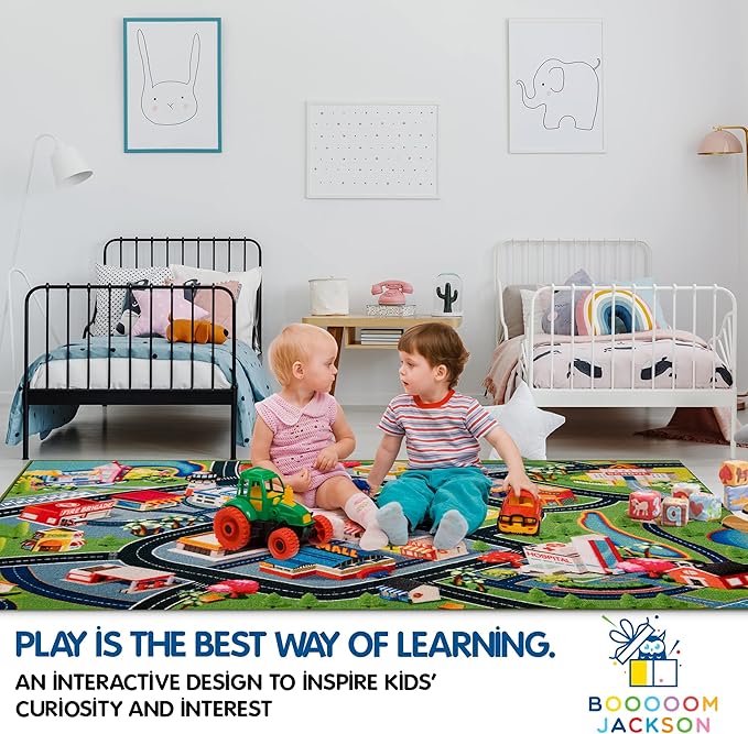 Booooom Jackson Kids Car Rug Playmat 31"X59" Car Mat for Kids Toy Cars Kids Rug with Roads for Playroom CarCarpet for Kids Race Car Play Rug for Toy Cars Play Carpet - LeafyLoom