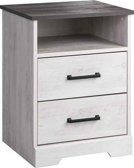 Prepac Rustic Ridge Farmhouse Nightstand with 2 Drawers and an Open Cubby, Wooden Bedside Table for Bedroom, Office, or Living Room, 16.25in x 18.75in x 24.5in, Washed White - LeafyLoom