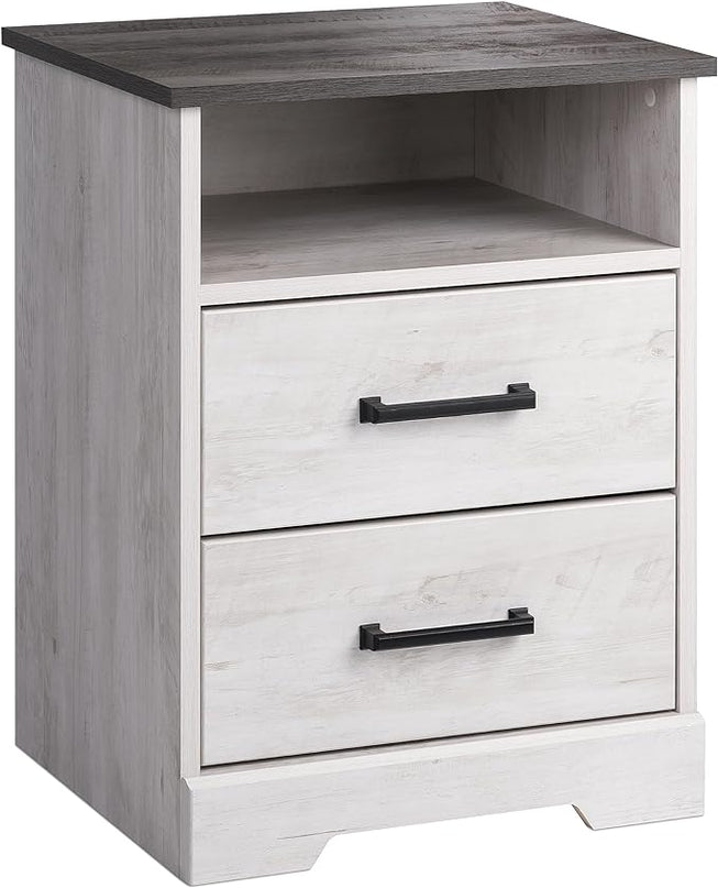 Prepac Rustic Ridge Farmhouse Nightstand with 2 Drawers and an Open Cubby, Wooden Bedside Table for Bedroom, Office, or Living Room, 16.25in x 18.75in x 24.5in, Washed White - LeafyLoom