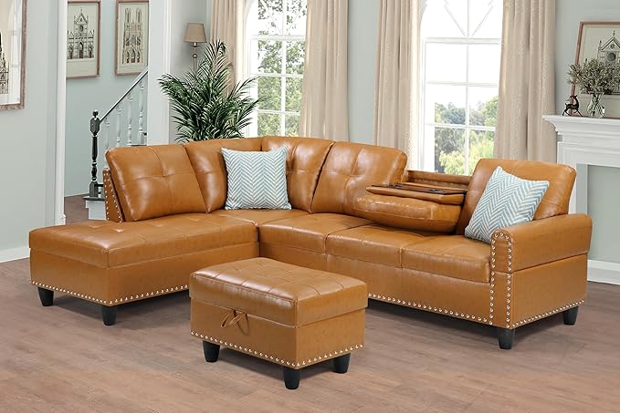 Faux Leather Sectional Sofa with Movable Storage Ottoman,L-Shape Upholstered Modular Couch 5 Seater W/ 2 Toss Pillows and 2 Cup Holders for Living Room,Office,Ginger,98" - LeafyLoom