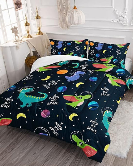 Datura home Dinosaur Space Dinos Comforter Bedding Set for Boys Kids Children,Celestial Bodies Colorful Dinosaur Print Bedding Set with 1 Comforter and 2 Pillowcases(Dinosaur Twin) - LeafyLoom
