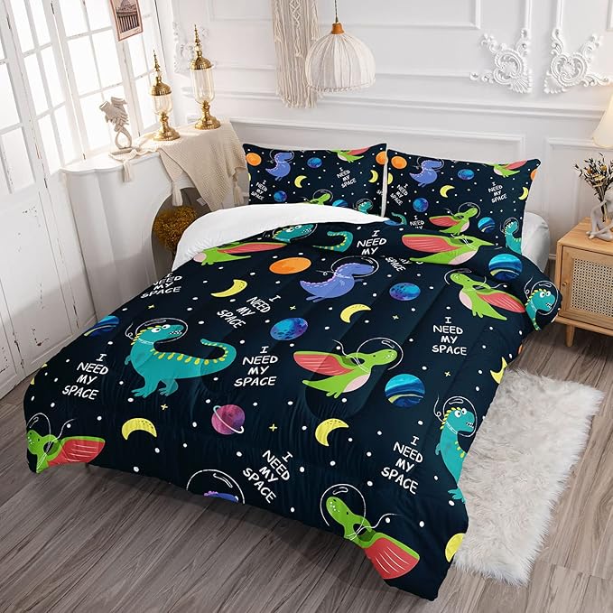 Datura home Dinosaur Space Dinos Comforter Bedding Set for Boys Kids Children,Celestial Bodies Colorful Dinosaur Print Bedding Set with 1 Comforter and 2 Pillowcases(Dinosaur Queen) - LeafyLoom