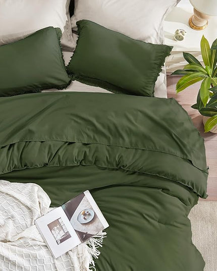 Andency Olive Green Comforter Set Queen, 3 Pieces Boho Tassel Lightweight Bedding Comforter Sets, All Season Soft Fluffy Fringe Bed Set (90x90In Comforter & 2 Pillowcases) - LeafyLoom