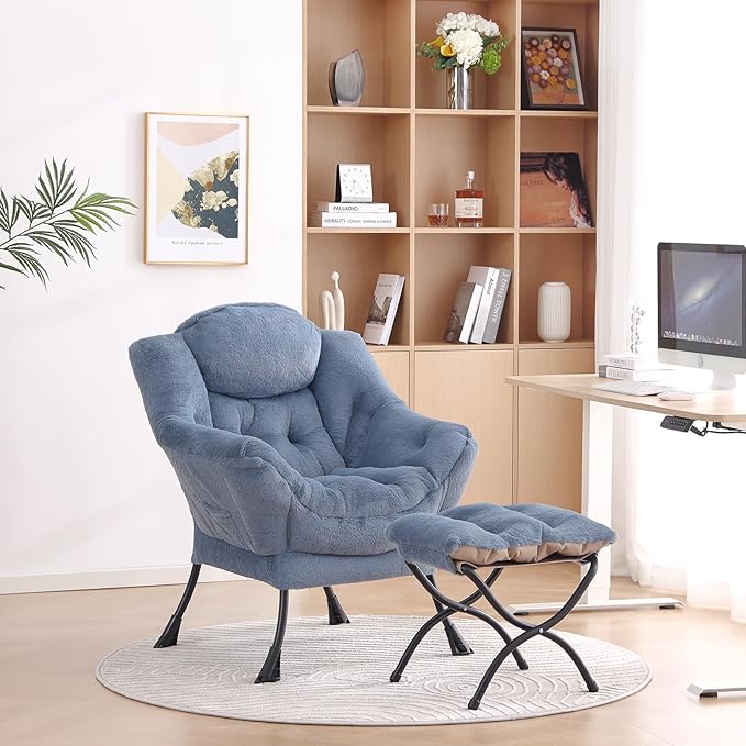 LITA Lazy Chair with Ottoman, Modern Accent Leisure Upholstered Sofa Chair, Lounge Reading Chair with Armrests and a Side Pocket for Living Room, Bedroom & Small Space, Plush Light Blue - LeafyLoom