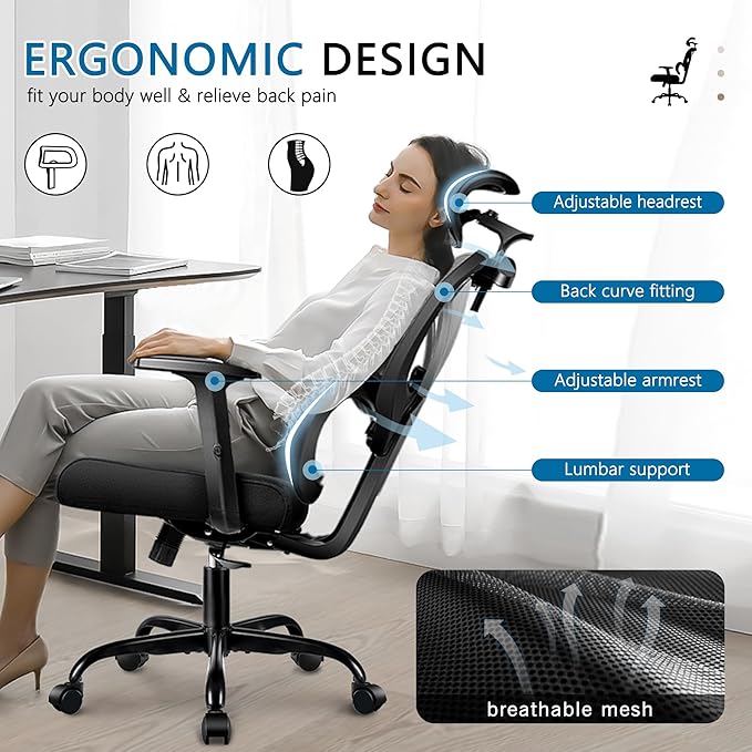 Office Chair Ergonomic Desk Chair Comfy Computer Chair, Big and Tall Home Office Chair with Back Support, Mesh Office Chair High Back Gaming Chair with Adjustable Armrest (Grey) - LeafyLoom