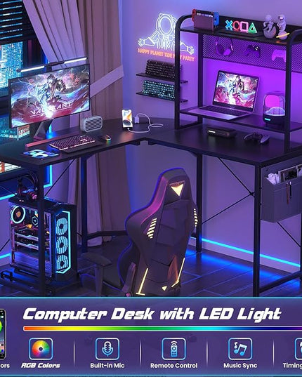 Small L Shaped Gaming Desk with Power Outlets, Corner Gaming Desk with LED Light, Reversible L-Shaped Desk with Monitor Stand & Hutch, L Shaped Desk Home Office Desk with Storage Bag, Black - LeafyLoom