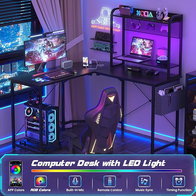 Small L Shaped Gaming Desk with Power Outlets, Corner Gaming Desk with LED Light, Reversible L-Shaped Desk with Monitor Stand & Hutch, L Shaped Desk Home Office Desk with Storage Bag, Black - LeafyLoom