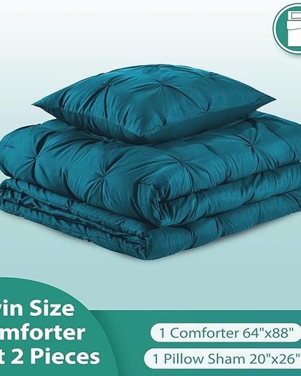 downluxe Pintuck Twin Comforter Set with 1 Pillow Sham - 2-Piece - Crystal Teal Twin Bed Comforter Set for All Seasons, Pinch Pleat Microfiber Down Alternative Bedding Comforter Sets - LeafyLoom