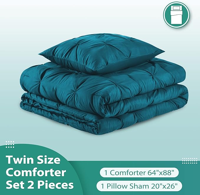 downluxe Pintuck Twin Comforter Set with 1 Pillow Sham - 2-Piece - Crystal Teal Twin Bed Comforter Set for All Seasons, Pinch Pleat Microfiber Down Alternative Bedding Comforter Sets - LeafyLoom