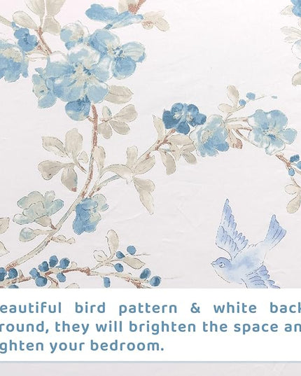 QSH Floral Queen Size Sheet Sets - Elegant Bird Tree Branch Blossom Printed Bedding 100% Egyptian Cotton Sheets Queen Size Deep Pockets 17.5" Extra Soft and Breathable 4pcs - LeafyLoom