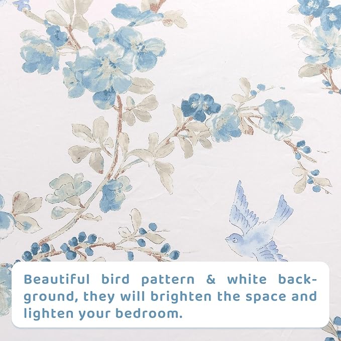 QSH Floral Queen Size Sheet Sets - Elegant Bird Tree Branch Blossom Printed Bedding 100% Egyptian Cotton Sheets Queen Size Deep Pockets 17.5" Extra Soft and Breathable 4pcs - LeafyLoom