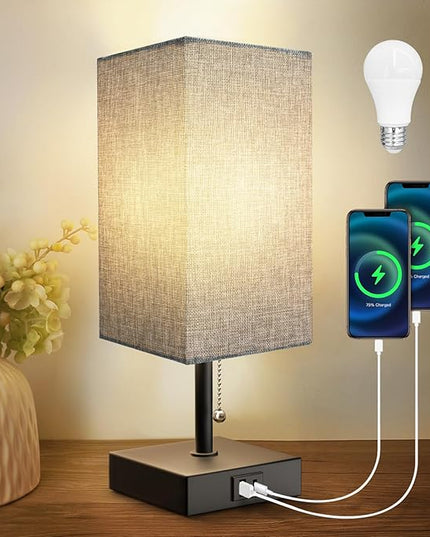 Table Lamp for Bedroom with USB A Port and C Port, Grey Bedside Lamp Night Stand Light Lamp with Square Fabric Shade, Small Lamp for Boys, with LED Bulb - LeafyLoom