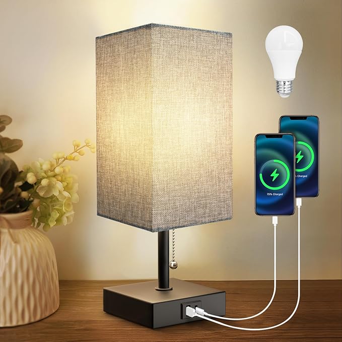 Table Lamp for Bedroom with USB A Port and C Port, Grey Bedside Lamp Night Stand Light Lamp with Square Fabric Shade, Small Lamp for Boys, with LED Bulb - LeafyLoom