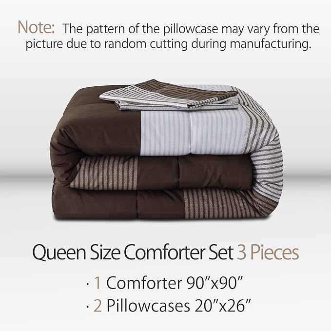 Andency Stripe Comforter Set Queen Size (90x90 Inch), 3 Pieces Brown Patchwork Striped Comforter, Soft Microfiber Down Alternative Comforter Bedding Set with Corner Loops - LeafyLoom