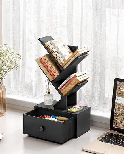 4 Tier Tree Bookshelf with Drawer, Small Tree Bookcase, Modern Table Top Book Shelf Organizer Shelves for Living Room, Bedroom, Home Office, Black - LeafyLoom