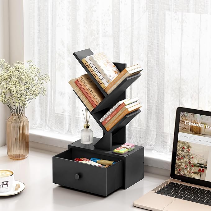 4 Tier Tree Bookshelf with Drawer, Small Tree Bookcase, Modern Table Top Book Shelf Organizer Shelves for Living Room, Bedroom, Home Office, Black - LeafyLoom