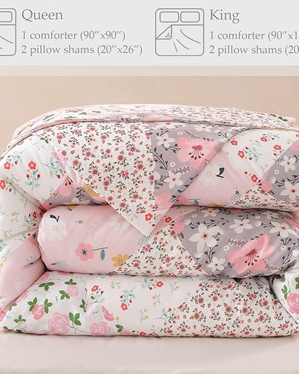 Whale Flotilla King Comforter Set, Soft Reversible Pink Bedding Comforter Set with Boho Pattern, 1 Micoriber Patchwork Comforter and 2 Pillow Shams, 3 Pieces - LeafyLoom