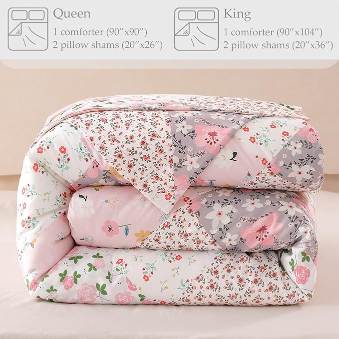 Whale Flotilla Queen Full Comforter Set, Soft Reversible Pink Bedding Comforter Set with Boho Pattern, 1 Micoriber Patchwork Comforter and 2 Pillow Shams, 3 Pieces - LeafyLoom