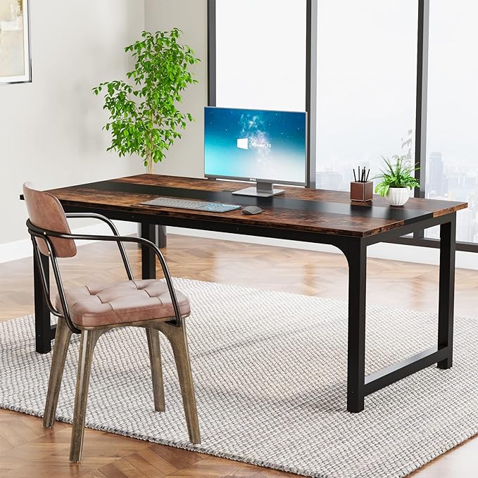 Tribesigns Modern Computer Desk, 63 x 31.5 inch Large Office Desk Computer Table Study Writing Desk Workstation for Home Office, Rustic/Black - LeafyLoom
