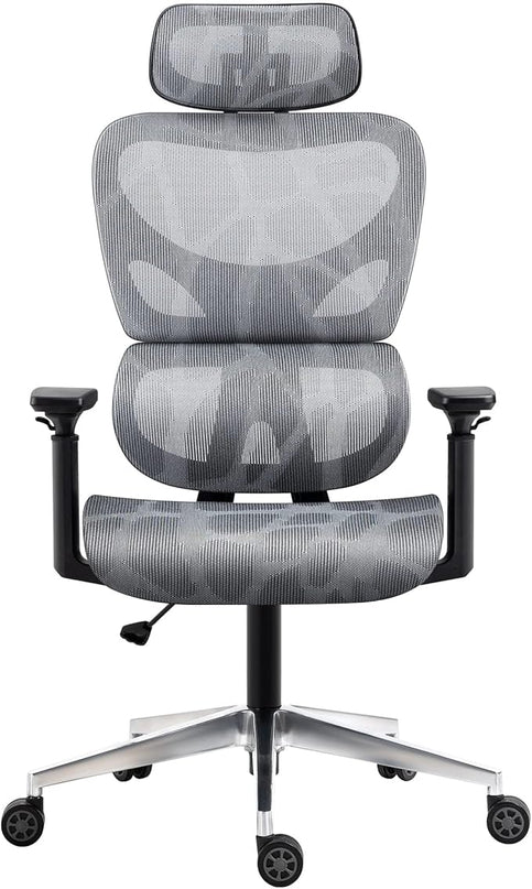 Nouhaus Ergo3D Ergonomic Office Chair Lumbar Support Mesh Office Chair with 4D Adjustable Armrest, Adjustable Headrest and Wheels, Mesh High Back Home Office Desk Chairs (Grey) - LeafyLoom