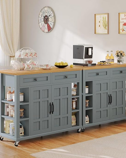 YITAHOME Kitchen Island with Storage Cabinet, Rolling Kitchen Cart on Wheels, Americana Kitchen Island Cabinet with Open Shelves for Kitchen Dining Room, Thicker Rubberwood Top, Grey Blue - LeafyLoom