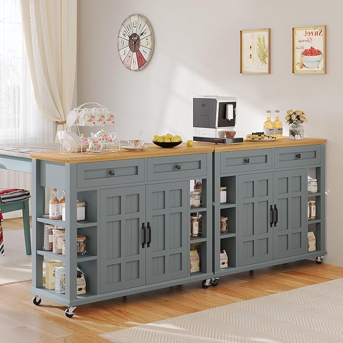 YITAHOME Kitchen Island with Storage Cabinet, Rolling Kitchen Cart on Wheels, Americana Kitchen Island Cabinet with Open Shelves for Kitchen Dining Room, Thicker Rubberwood Top, Grey Blue - LeafyLoom