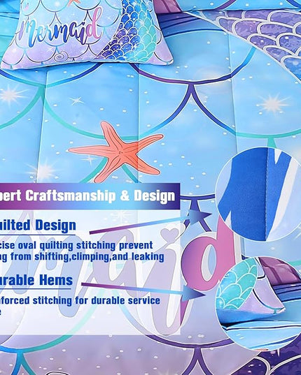 JQinHome Mermaid Comforter Set Twin Size, 6 Piece Mermaid Tail Bed in A Bag,3D Colorful Mermaid Bedding Set for Girls Kids, Sparkle Teal Bedroom Decor Bedding Set with Sheets (Blue) - LeafyLoom