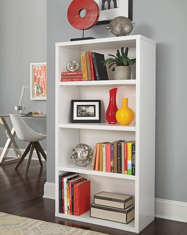 ClosetMaid Bookshelf with 4 Shelf Tiers, Adjustable Shelves, Tall Bookcase Sturdy Wood & 4 Cube Storage Shelf Organizer Bookshelf with Back Panel, Easy Assembly, Wood, White Finish - LeafyLoom